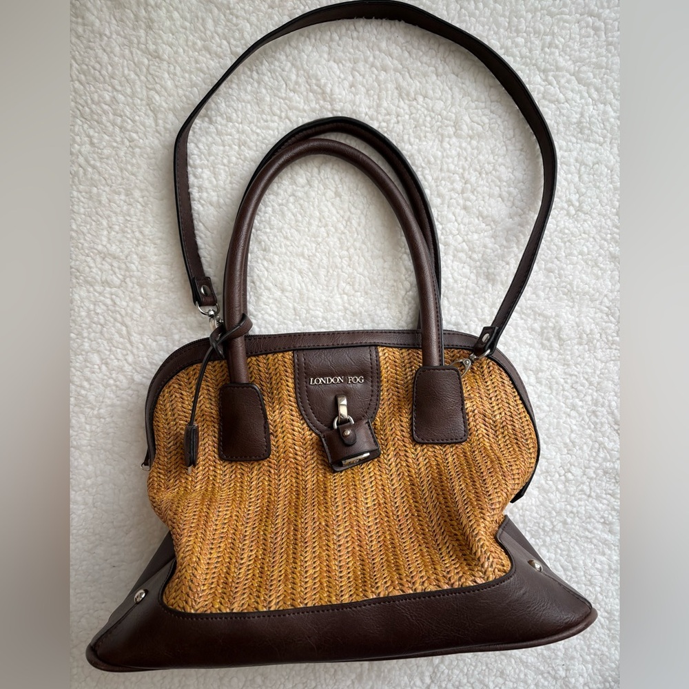 London Fog Brown Straw 2-Way Satchel with lock charm